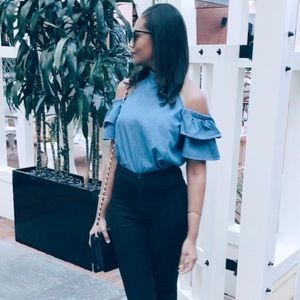 Denim top with ruffle sleeves